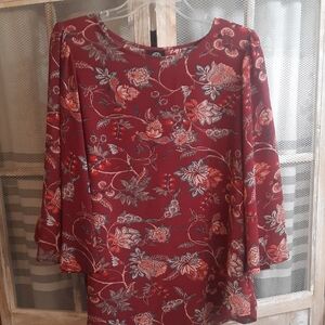 Bobeau Burgundy Floral Long Sleeve Scoop Neck Top Size XL
